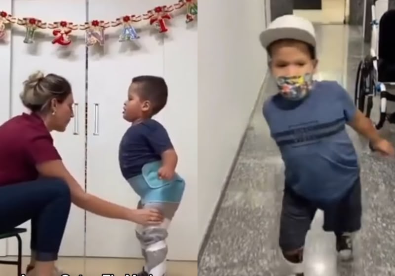 Fisioterapeuta ajuda o menino Pedro Henrique menino, com um tipo de paralisia a andar. O vídeo da Mariana Muñoz com a evolução do paciente alcançou 1 milhão de visualizações. - Fotos: Reprodução/@dramarianamunoz