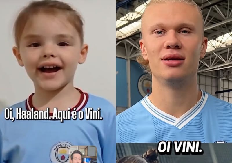 Haaland surpreendeu o sósia mirim brasileiro Vinícius, de Balneário Camboriú (SC), com esse vídeo. Ele devolveu a autoestima do menino que sofria Bullying por causa do cabelo comprido. - Foto: Reprodução/Manchester City
