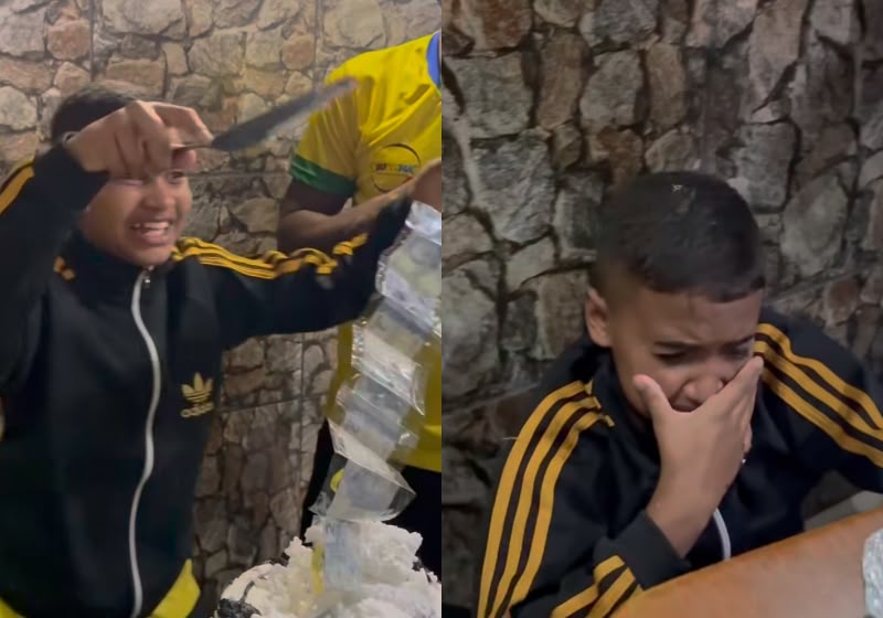 O Miguel, de 12 anos, chorou ao descobrir a surpresa do Xbox no bolo de aniversário dele, em São Gonçalo (RJ). O vídeo alcançou 37 milhões de visualizações. - Foto: Reprodução/ Instagram/ @j_rodrigues291