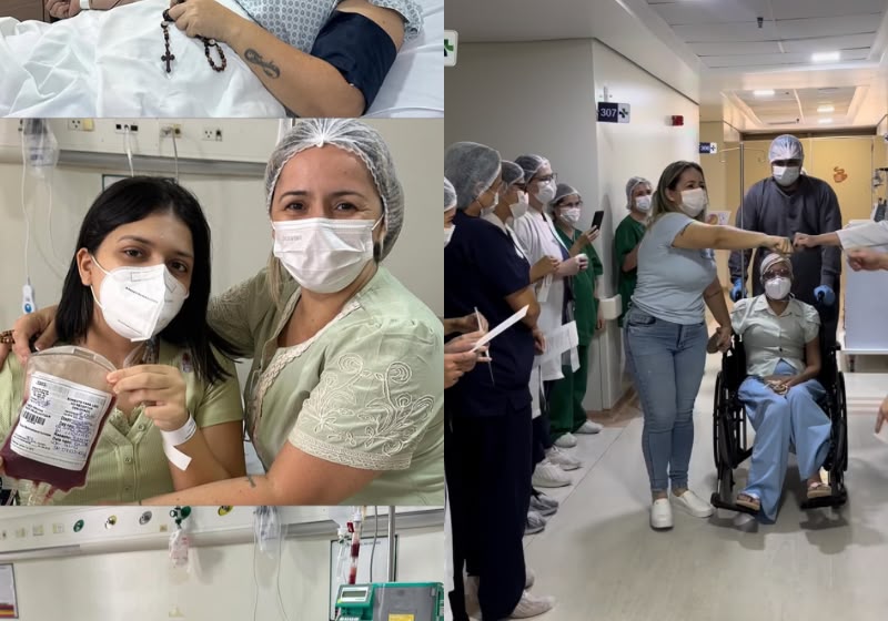 Médicos fazem homenagem na alta da estudante Sabrina Duarte, que recebeu medula da própria mãe, e cantam um louvor para celebrar a recuperação. Foto: Hospital Rio Grande/Reprodução