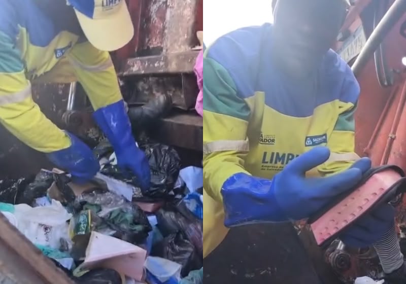 O gari Alessandro Alves da Silva encontrou uma Bíblia no lixo e a retirou com cuidado durante a coleta em Cajazeiras, Salvador (BA). Foto: @ogaridagravata18ofc