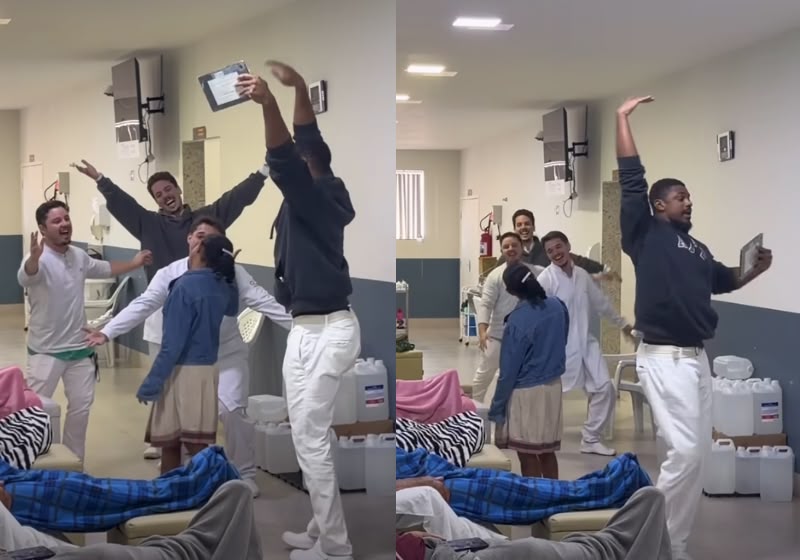 Os enfermeiros cantam e dançam para pacientes durante sessão de hemodiálise na Clínica Medálise, em Barra de São Francisco (ES) para levar um pouco de alegria e esperança. - Foto: Reprodução /Instagram: @clubefm103