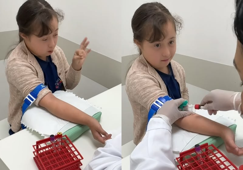 Maria Fernanda Jacques, de 13 anos, uma menina com síndrome de Down, faz exame de sangue sorrindo, disse que é corajosa e encantou as redes sociais com tanta força - Foto: Reprodução/ @cerejinhaelili