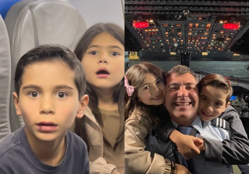 O pai e piloto Matheus fez uma surpresa e emocionou a esposa e os filhos durante o primeiro voo dele levando a família a bordo. - Foto: @maabdcossi
