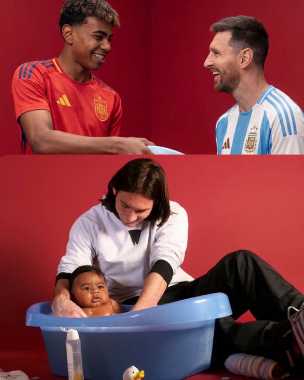 Acima, Lionel Messi e Yamal. Abaixo o argentino dando banho no Yamal ainda bebê, em comercial gravado em 2008. - Foto: Joan Monfort