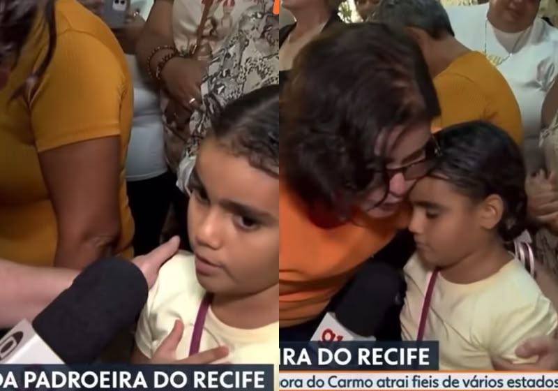 Durante um link na TV, a Jornalista Bianka Carvalho acolhe a Antonella, uma menina de 8 anos que perdeu a mãe, no Recife, e dá o abraço que todos queriam dar na criança. - Foto: Reprodução/TV Globo
