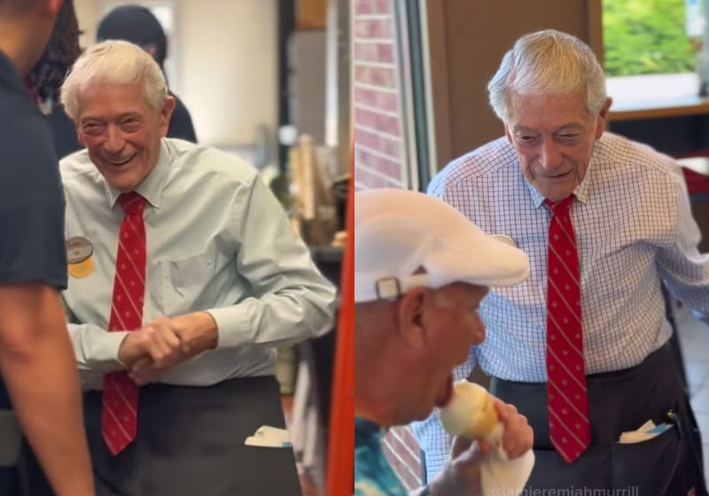 Mister Gil, um idoso de 92 anos, trabalha com essa idade num restaurante e diz que tem como missão levar alegria e acolher as pessoas no Chick-fil-A de Wilmington, nos EUA. - Foto: reprodução/ WRAL