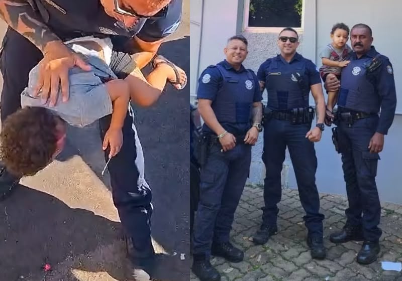 Os guardas civis salvam a criança engasgada com uma bala durante patrulhamento em Limeira (SP). - Foto: Guarda Civil Municipal