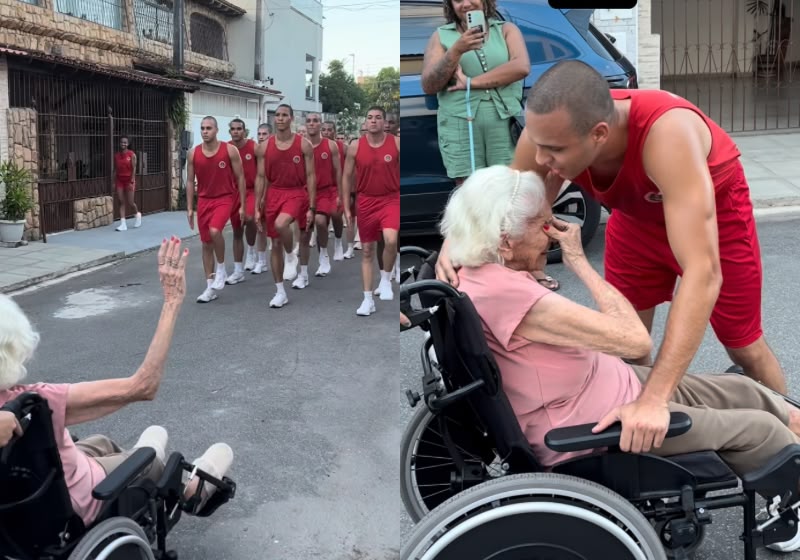 O aluno dos bombeiros, Marcelo Loyola, fez homenagem em vida para a bisavó, Dona Evany Lucas Loyola, de 98 anos, durante formação do Corpo de Bombeiros Militar do Espírito Santo. - Foto: Reprodução