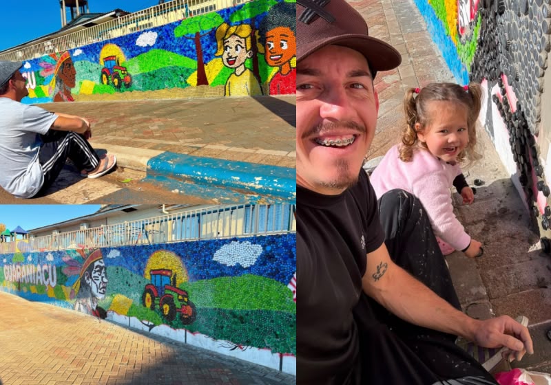 O professor Matheus Piccoli e vários alunos fizeram um mural gigante com 150 mil tampinhas na escola de Guaraniaçu (PR). O vídeo viralizou. - Foto: Reprodução / Instagram @professormatheusarte