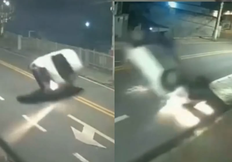 O vídeo das câmeras de segurança mostra o carro que capota e desvira sozinho após bater no meio-fio em Blumenau (SC). - Foto: Câmeras Segurança/SC