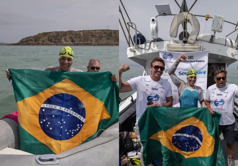 A brasileira Ana Marcela no Canal da Mancha: a campeã olímpica completa a travessia em tempo recorde da Inglaterra até a França. - Fotos: Jonne Roriz/COB