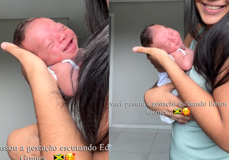O bebê Luizinho sorri ao ouvir uma música de reggae de Edson Gomes que escutava durante a gestação. - Foto: Reprodução/@mheloizaaraujo