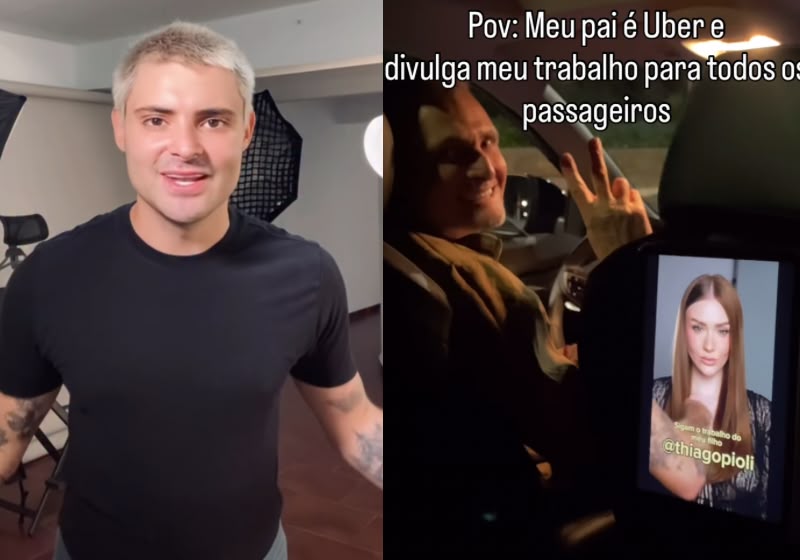Pai faz propaganda do trabalho do filho maquiador durante corridas em São Paulo. Foto: Reprodução/ Instagram / @thiagopioli e @dommedia.br