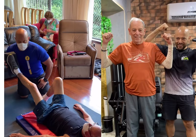 Seu José, o idoso que ficou 3 anos acamado, volta a andar após o tratamento com o fisioterapeuta Sam, de Brasília (DF). - Fotos Reprodução/Instagram @sam.longevidade