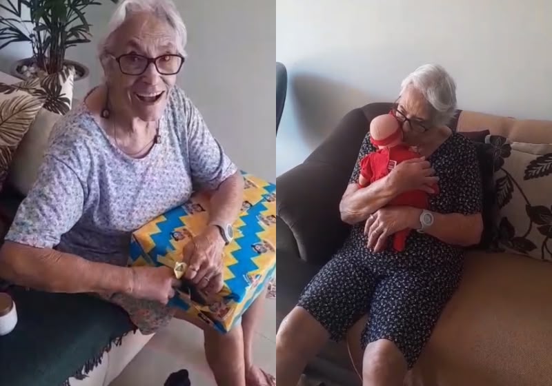 Neta realiza sonho da avó de 81 anos ao presenteá-la com a boneca que ela esperou a vida inteira. Foto e vídeo: Arquivo da família