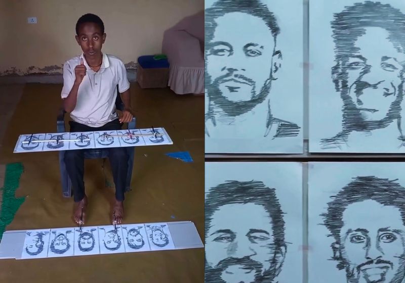 Conheça Beki Art, o artista da Etiópia que desenha jogadores da Seleção Brasileira ao mesmo tempo usando mãos e pés. Vídeo dele alcançou 28 milhões de visualizações no Instagram. - Fotos: reprodução/ @beki.art3