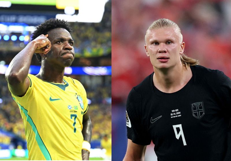 A provável escalação do Brasil contra a Noruega já começa a tomar forma para o duelo das oitavas da Copa do Mundo. Os gigantes ViniJr e Erling Haaland vão se enfrentar. - Fotos: Chandan Khanna/AFP e Al Bello/AFP