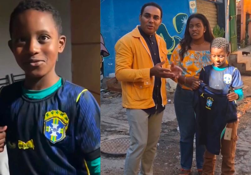 O menino Estevan, de Paraisópolis (SP), criou uma camisa da Seleção com restos de pano. O vídeo teve 6 milhões de visualizações, encantou as redes, e ele ganhou uma oficial. - Fotos: reprodução/ Instagram/ @jaqueamorimbr