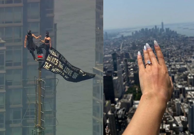 Angela Nikolau e Ivan Kuznetsov são o casal que escalou o topo do Empire State Building com uma faixa pela paz também ficou noivo lá em cima. - Fotos: reprodução/ abc7ny