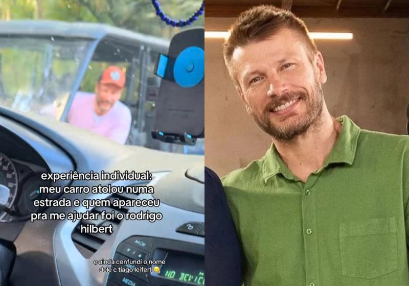 Uma motorista com carro atolado foi ajudada por Rodrigo Hilbert. O mais engraçado: a mulher que estava com ela confundiu o apresentador com Tiago Leifert e ele entrou na brincadeira. - Fotos: reprodução/ TikTok
