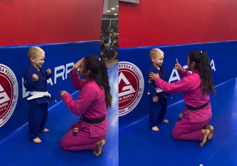 A professora Beatriz aprende Libras para ensinar Jiu-Jitsu ao Filipi, um aluno surdo de 3 anos de Campinas (SP). O vídeo emocionante teve 7 milhões de visualizações. - Fotos: reprodução/ Instagram/ @sayurikamozakibjj