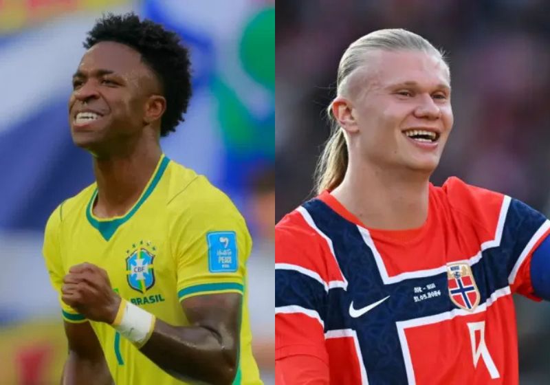 Vini Jr e Haaland. O horário do jogo Brasil x Noruega será mesmo às 17h deste domingo, 5 de julho. - Fotos: Getty Images