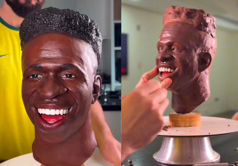 O bolo de Vini Jr feito pelo confeiteiro brasileiro João Doce viralizou nas redes pela semelhança impressionante com o jogador da Seleção. - Fotos: reprodução/ Instagram/ @joaodoce