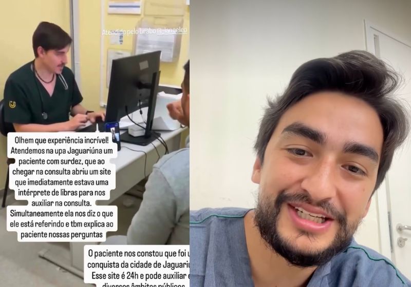 O médico Victor Ieiri atende paciente surdo com ajuda de intérprete de Libras pelo celular em Jaguariúna. Inclusão emocionou a internet. - Fotos: reprodução/ Instagram/ @victorieiri.med