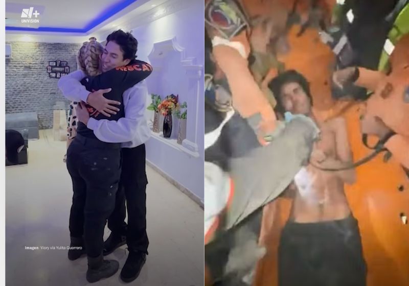 Aaaron, o jovem resgatado vivo do terremoto na Venezuela, após 106 horas, se emocionou ao reencontrar os socorristas que o salvaram. - Fotos: reprodução/ N+Univison/ Delcy Rodríguez/ X