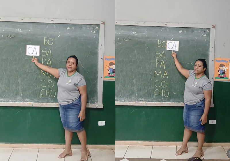 A professora Marcela mostra o método simples de alfabetização, usando placa com sílaba para formar palavras como "casa" e "boca" e encanta ao ensinar crianças da zona rural do MS. - Fotos: reprodução/ Instagram/ @rochadiasdossantos