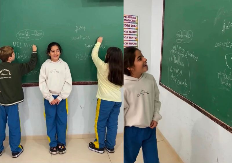 O vídeo da dinâmica, gravado em uma escola do Paraná, ensina alunos a enxergarem o lado bom dos colegas e já teve mais de 300 mil visualizações. - Fotos: reprodução/ Instagram/ @col_monteirolobato