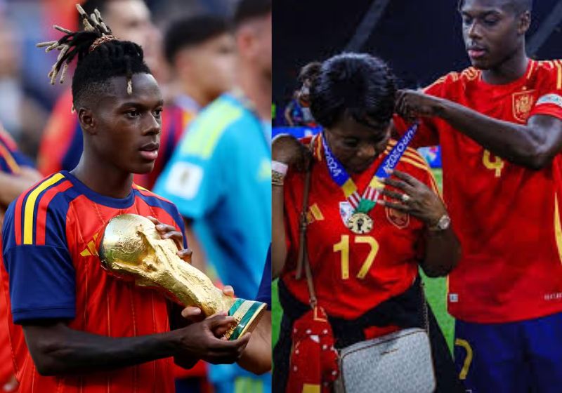 A imagem de Nico Williams colocando a medalha que conquistou na Copa no pescoço da mãe correu o mundo pelo amor e gratidão do filho. - Fotos: reprodução/ Instagram/ @yahoosports