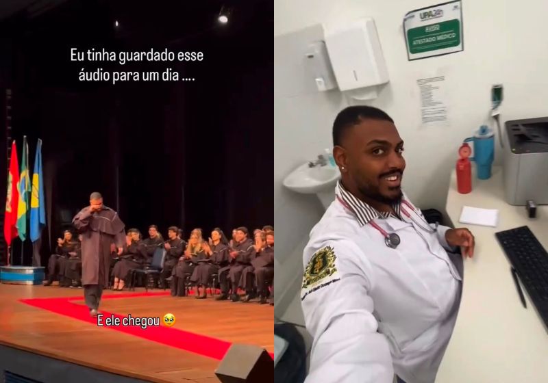 O Ex-faxineiro Bruno Eulálio Santos se emociona ao receber o diploma de médico na UFSC e no 1º plantão atende a irmã, que cuidou dele como mãe. - Fotos: reprodução/ Instagram/ @dr.brunoesantos