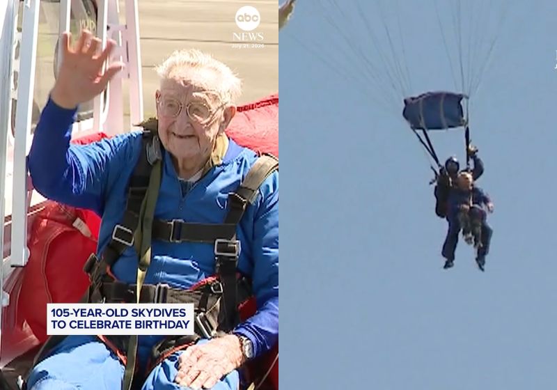O seu Carlson, o idoso que comemorou 105 anos com um salto de paraquedas nos EUA, ainda tem uma lista de sonhos para realizar nessa vida. - Fotos: reprodução/ ABCNews