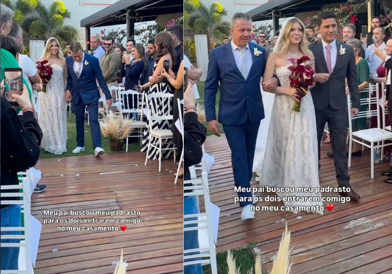 O pai chamou o padrasto para levar a filha ao altar junto com ele, no casamento em Goiás. O gesto de respeito emocionou a família e viralizou nas redes. - Fotos: reprodução/ Instagram/ @jupaschoareli