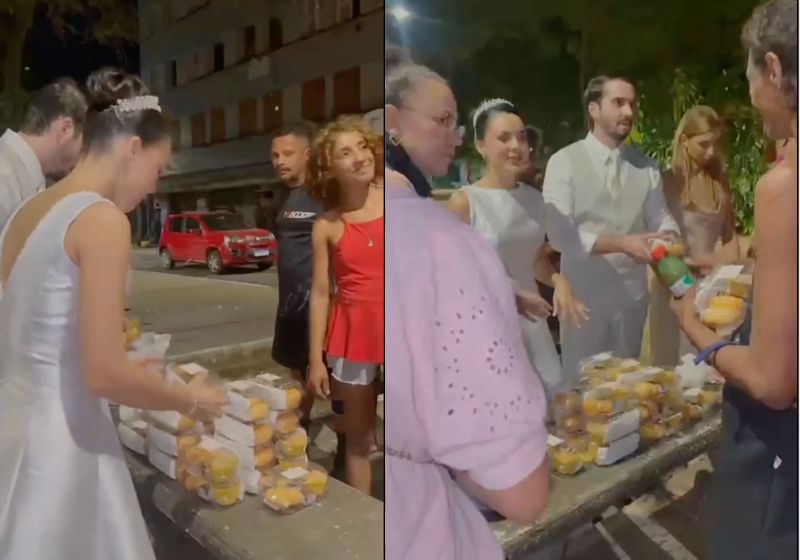 Os noivos Andressa e Emerson saíram do casamento para servir lanches a pessoas em situação de rua de madrugada e transformam a festa edo casamento em um gesto de solidariedade no PI. - Fotos: reprodução/ Instagram/ @andressacastro.fisio