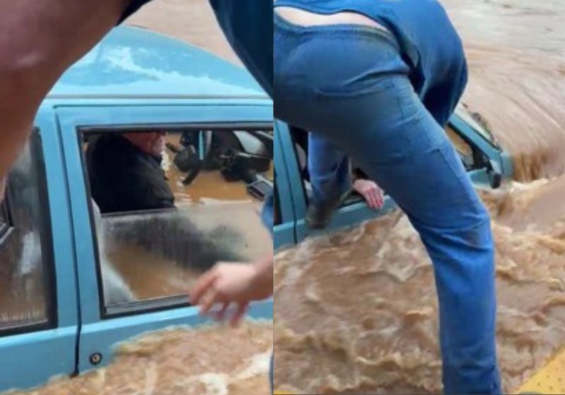 Herói resgata idoso de 86 anos de carro tomado pela enchente no RS. O aposentado saiu ileso graças à ação rápida e corajosa. Fotos: reprodução/ Edegar Passari/Arquivo Pessoal