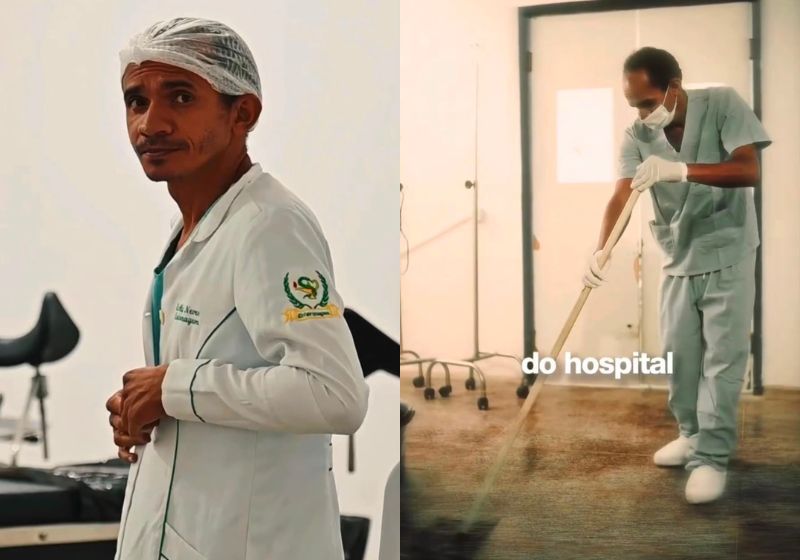 O prefeito da cidade fez uma surpresa: tirou a vassoura do funcionário da limpeza Edeilson, e deu o jaleco do novo técnico de enfermagem do hospital onde ele trabalha há 20 anos, no Maranhão. - Fotos: reprodução/ Instagram/ @guerrapenalva11