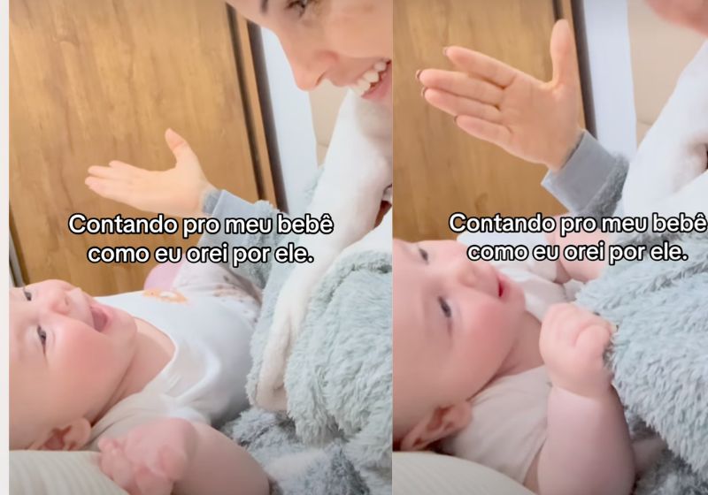 A mãe Bianca conta ao bebê como orou por ele e a reação do pequeno Davi Samuel emociona. O vídeo já teve 10 milhões de visualizações nas redes. Fotos: reprodução/ Instagram. @biancalira.nutri