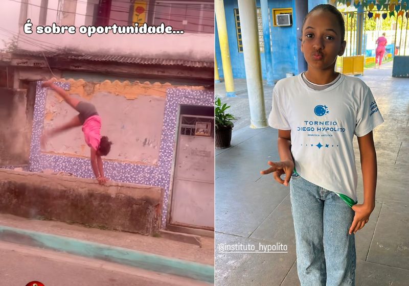 Manu, a "mini" ginasta que treina na rua, em Belford Roxo (RJ), foi conhecer nesta quarta o Instituto Diego Hypólito, que incentiva crianças. - Fotos: reprodução/ Instagram/ @emanuellygym