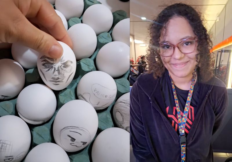 Filha desenha rostinhos nos ovos da cartela e a mãe fica com dó de quebrar; vídeo