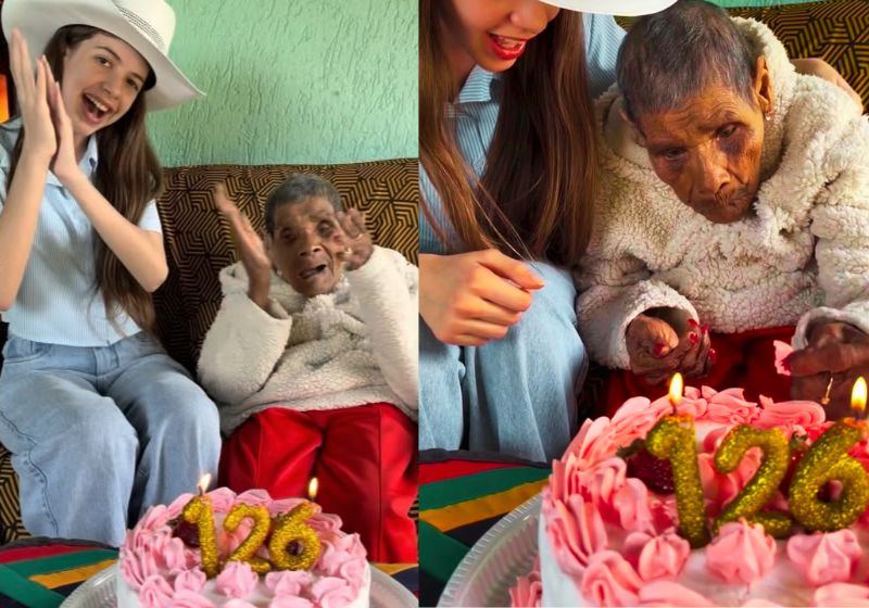 Dona Júlia, a superidosa de 126 anos comemora aniversário e dá uma dedada no bolo com todo pertencimento. - Fotos: @dudapasaoficial/Reprodução