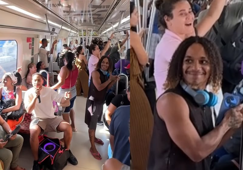 O cantor Marquinhos Navais canta com passageiros durante viagem no metrô de Salvador (BA). - Foto e vídeo: Reprodução/ Instagram/ @marquinhosnavais