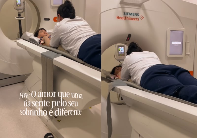 A tia Chris Dantas entra na máquina de tomografia para tranquilizar o sobrinho Heitor durante exame em São Paulo. -Foto: Reprodução/@bruh_dantass/@myhoodbr