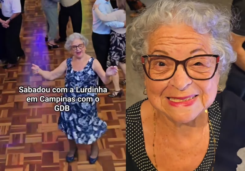 A dona Lurdinha, tem 83 anos e dança no Grupo da Saudade, em Campinas (SP). O vídeo dela tem 2,2 milhões de visualizações. - Fotos: Reprodução/ Instagram/ @osgarotosdobaile