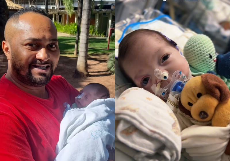 Bebê Noah, dado como morto em um hospital de Sã Paulo, aparece ao lado do pai, depois da alta da UTI. - Fotos: Reprodução/ Instagram @noah_gabriel.bbmilagre