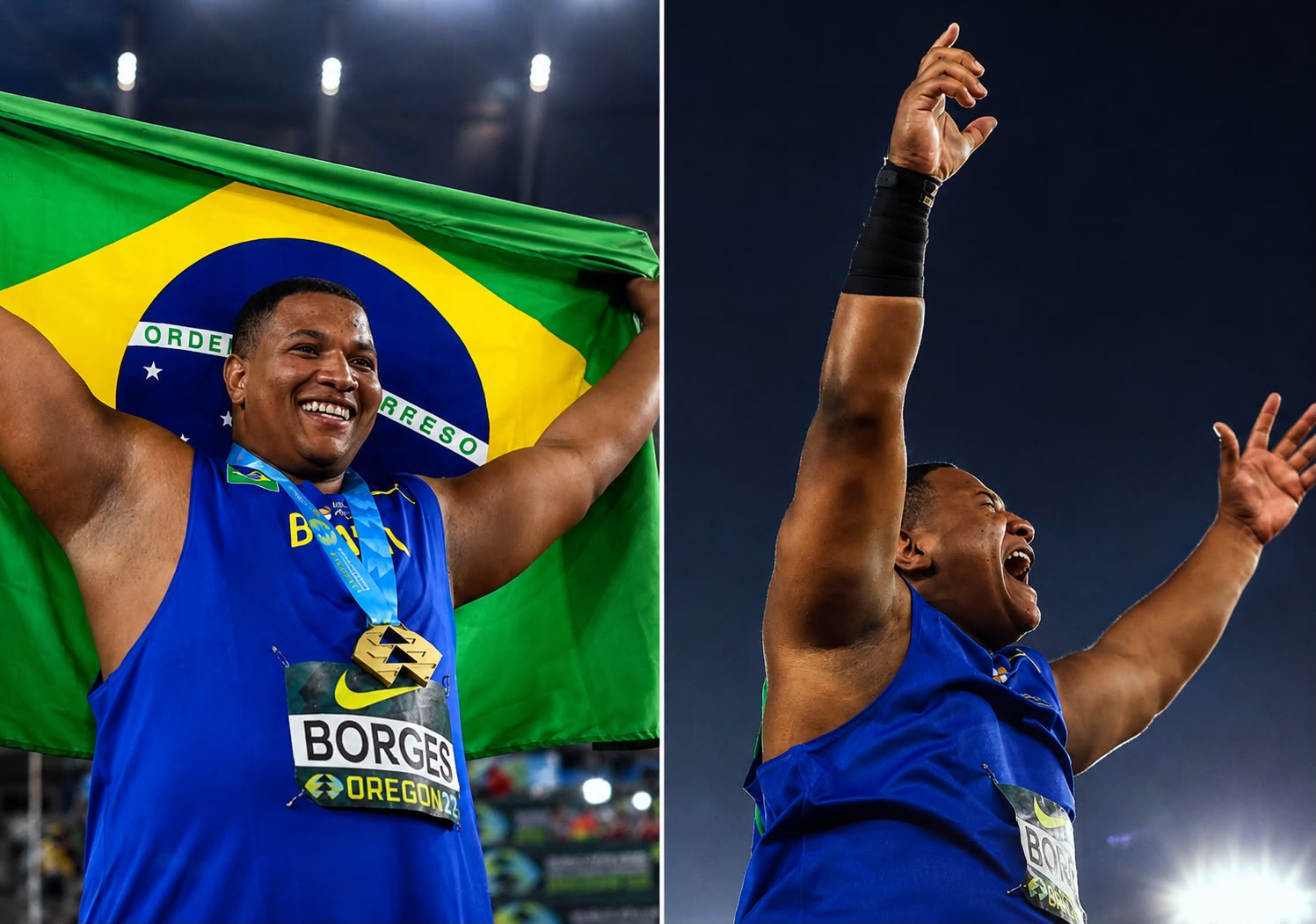 Alessandro Borges comemora o ouro no Mundial Sub-20 de Atletismo, em Eugene (EUA). Foto: Reprodução/Instagram (@alessandroborges07, @atletismo.brasil, @atletismo.sudamericano e @worldathletics).