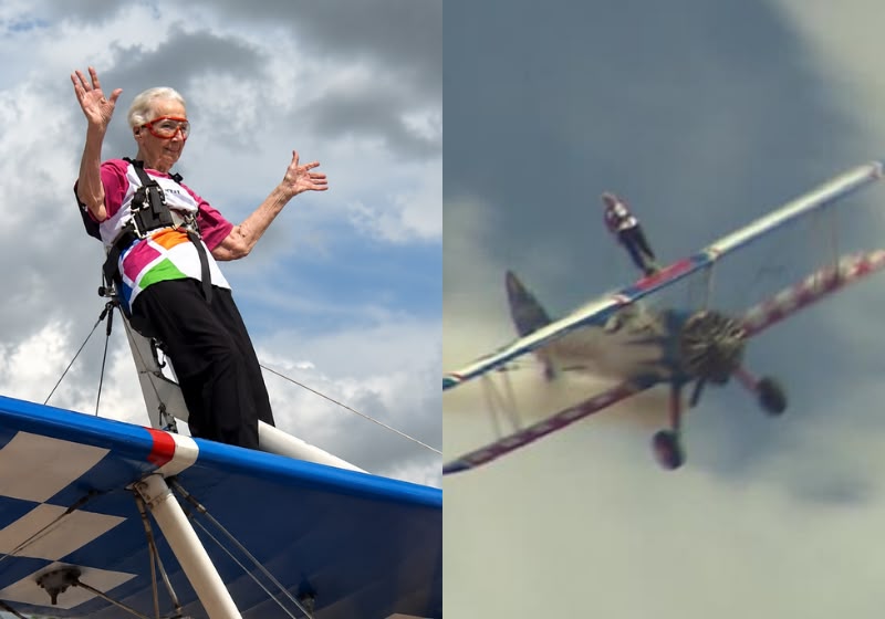 O idosa Betty. de 97 anos, faz acrobacia sobre a asa de um avião em Cirencester, na Inglaterra e bate recorde no Guinness Book. - Foto: Reprodução/ Guinness World Records