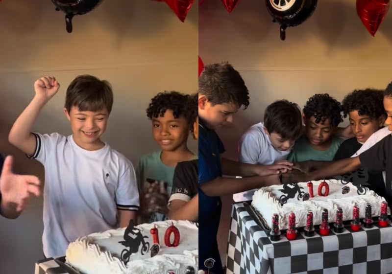 O menino Arthur deu um jeito para que todos os amigos cortassem o bolo junto com ele na festa de 10 anos, em Nova Odessa (SP). - Foto: Reprodução/Instagram @madualvesc_
